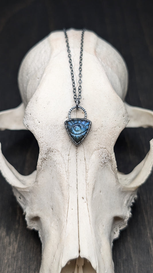 Small Triangle Evil Eye Labradorite Textured Sterling Silver Necklace