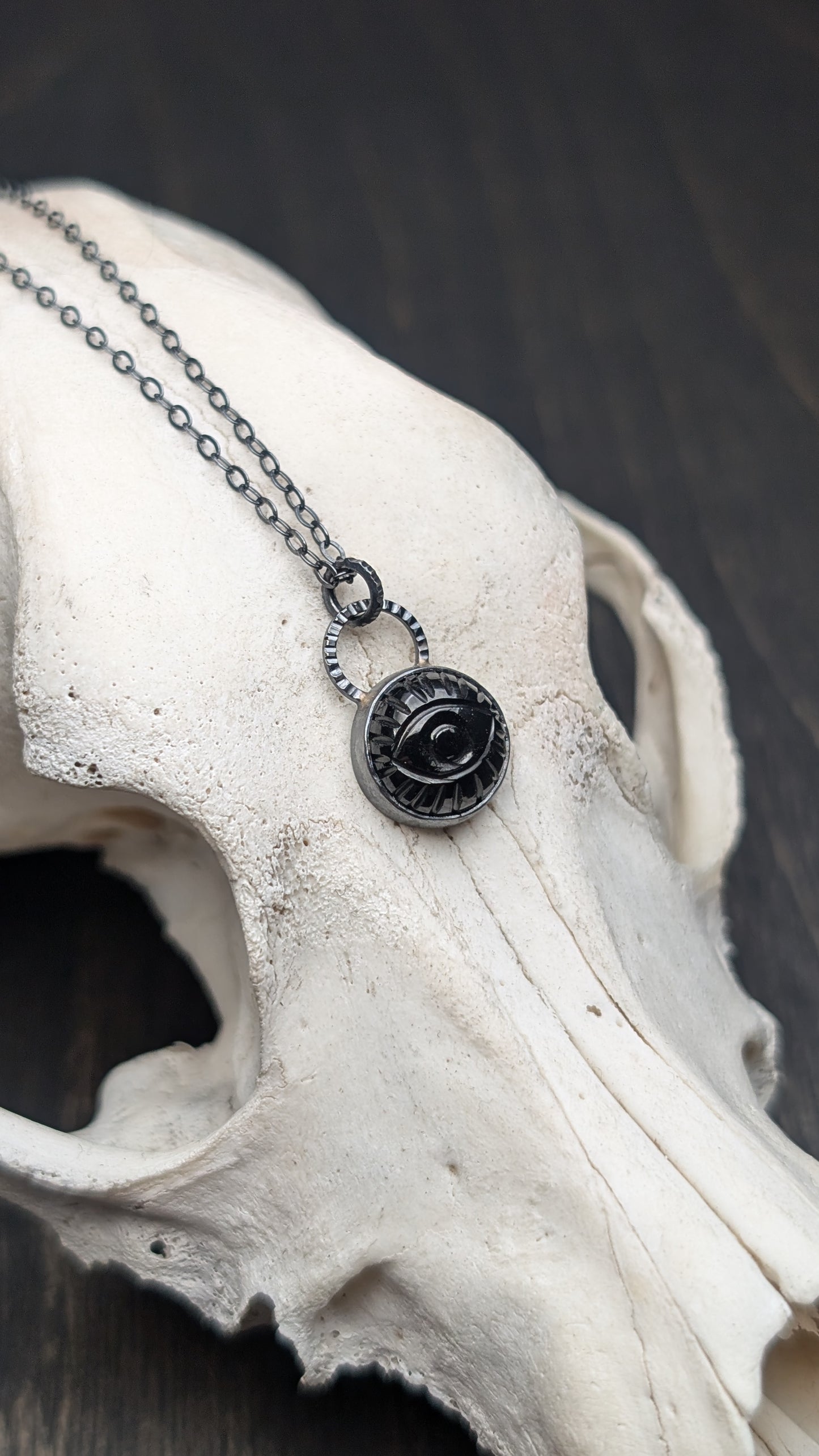 Small Round Evil Eye Black Spinel Textured Sterling Silver Necklace