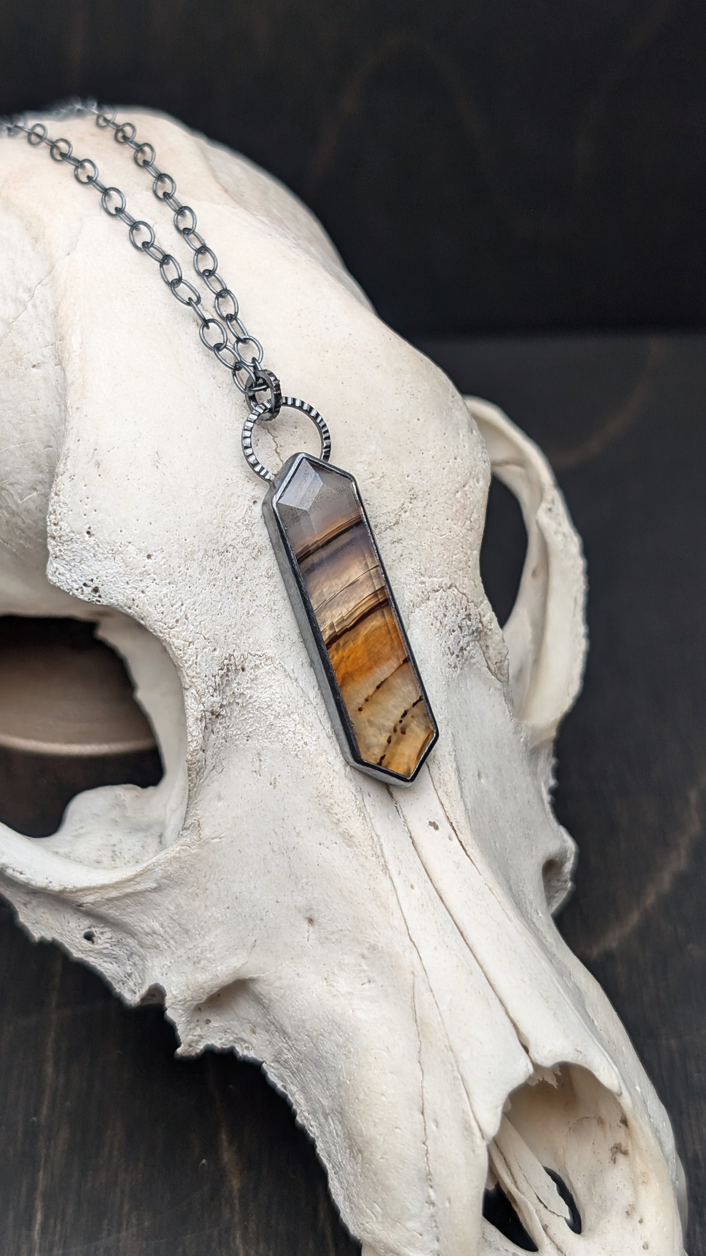Montana Agate Step Cut Long Tablet Textured Sterling Silver Necklace