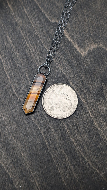 Montana Agate Step Cut Long Tablet Textured Sterling Silver Necklace