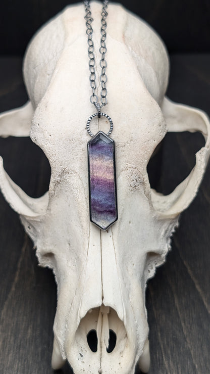 Fluorite Step Cut Long Tablet Textured Sterling Silver Necklace