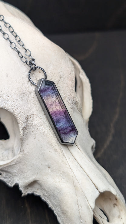 Fluorite Step Cut Long Tablet Textured Sterling Silver Necklace