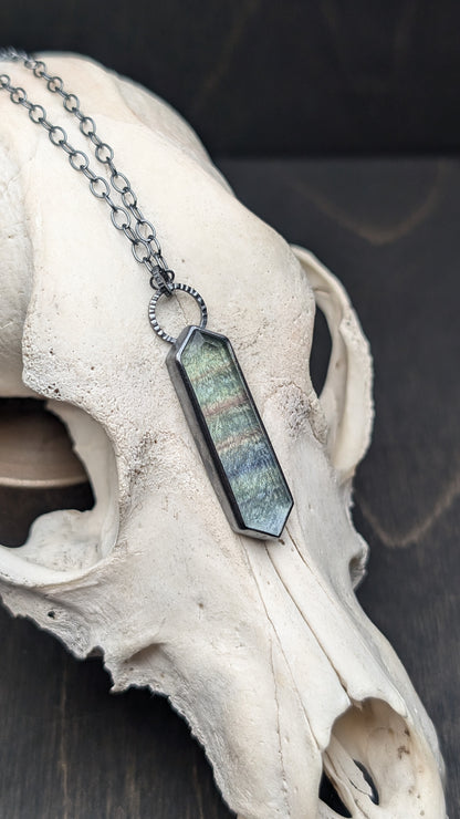 Fluorite Step Cut Long Tablet Textured Sterling Silver Necklace