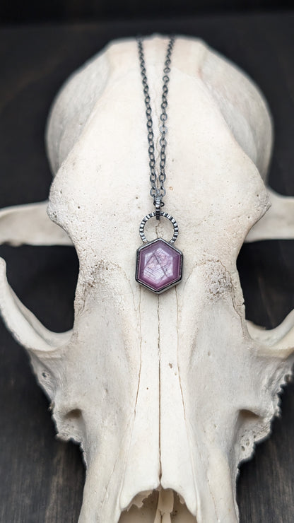 Pink Sheen Sapphire Hexagon Textured Sterling Silver Necklace