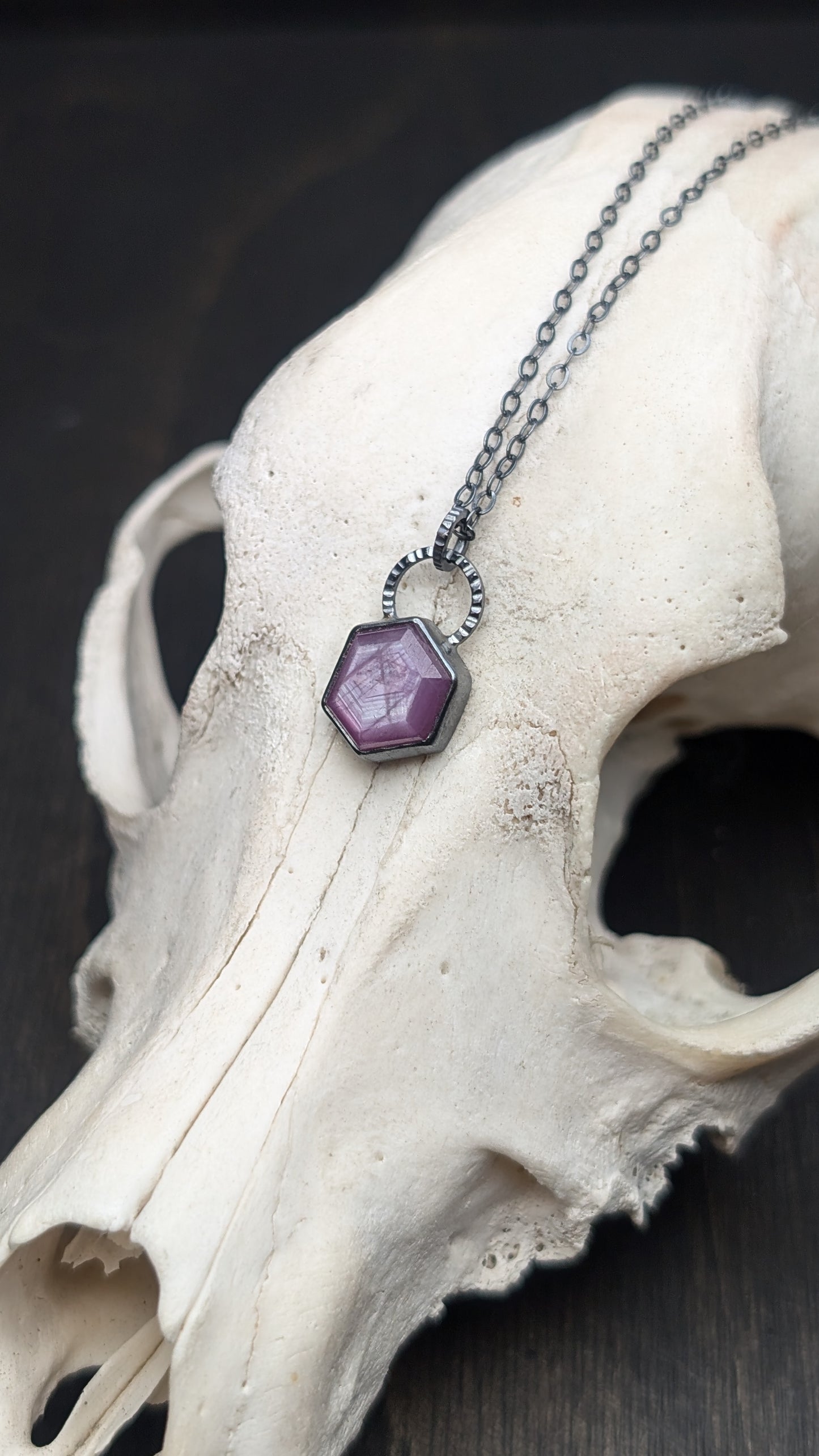 Pink Sheen Sapphire Hexagon Textured Sterling Silver Necklace