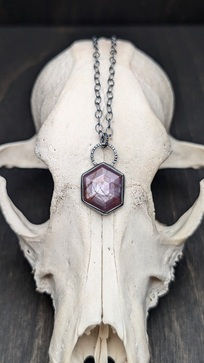 Pink Sheen Sapphire Hexagon Textured Sterling Silver Necklace