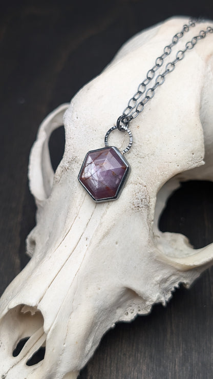 Pink Sheen Sapphire Hexagon Textured Sterling Silver Necklace
