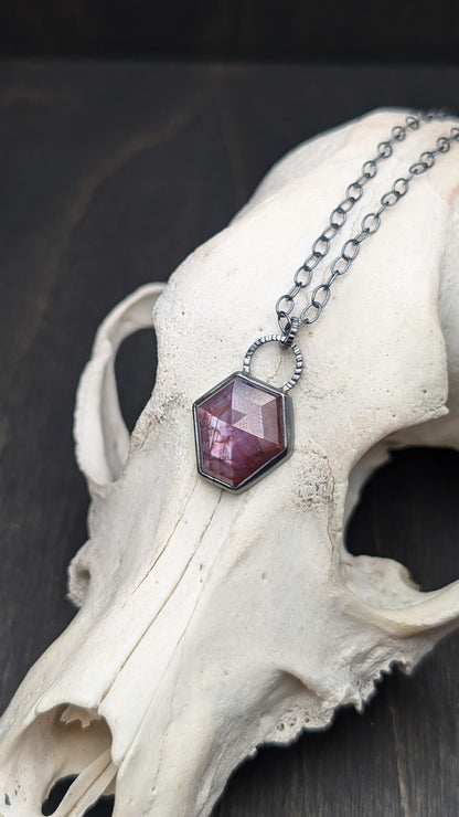Pink Sheen Sapphire Hexagon Textured Sterling Silver Necklace