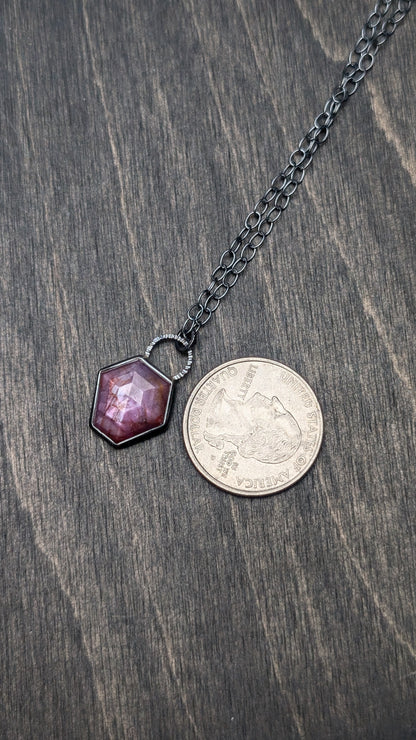 Pink Sheen Sapphire Hexagon Textured Sterling Silver Necklace