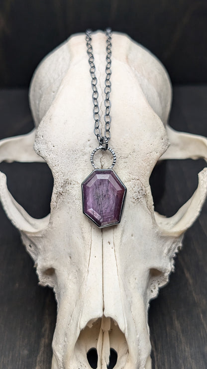 Pink Sheen Sapphire Hexagon Textured Sterling Silver Necklace