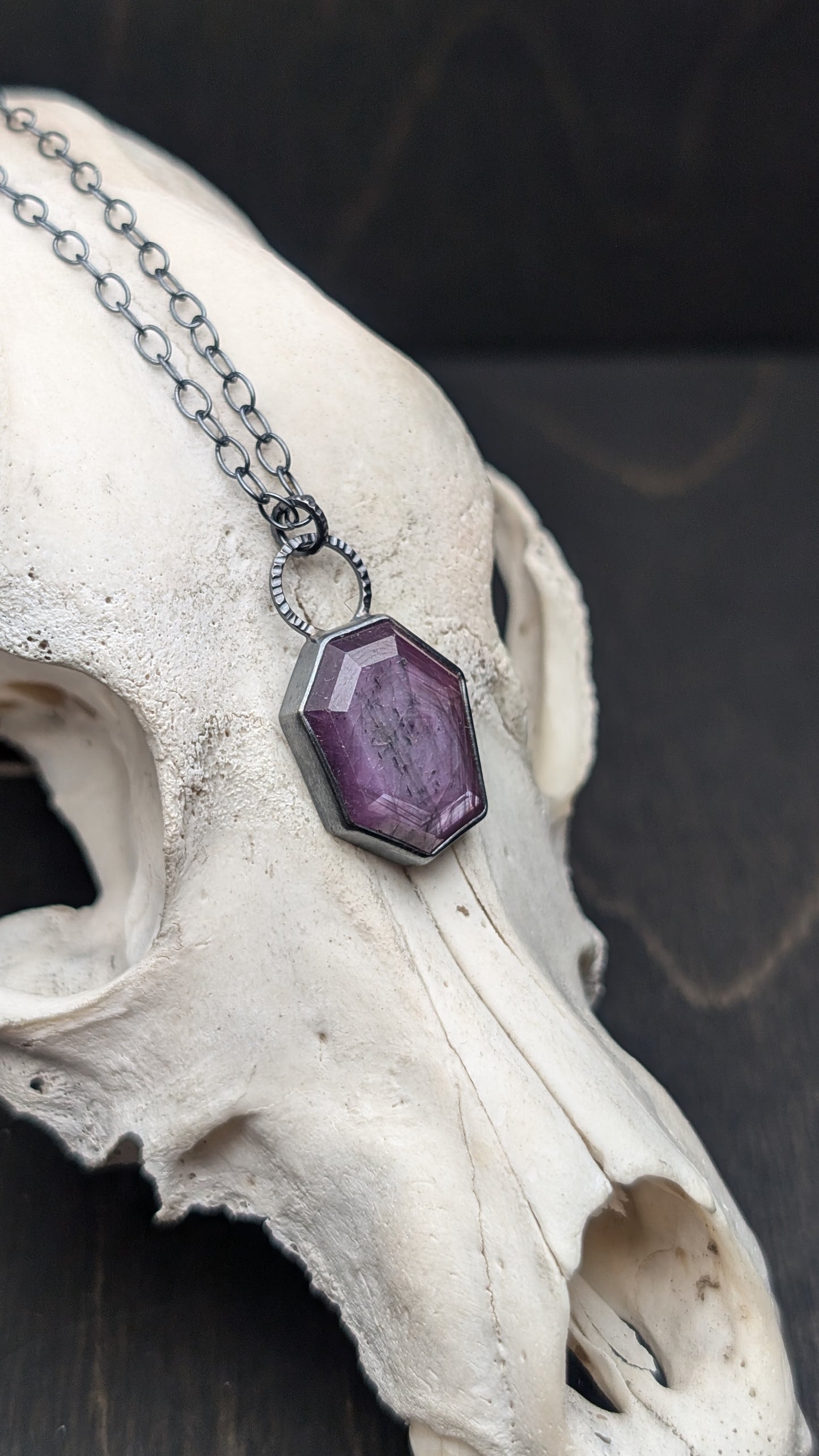Pink Sheen Sapphire Hexagon Textured Sterling Silver Necklace