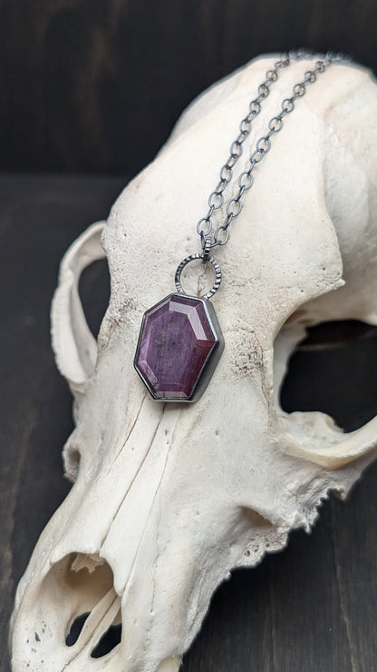 Pink Sheen Sapphire Hexagon Textured Sterling Silver Necklace