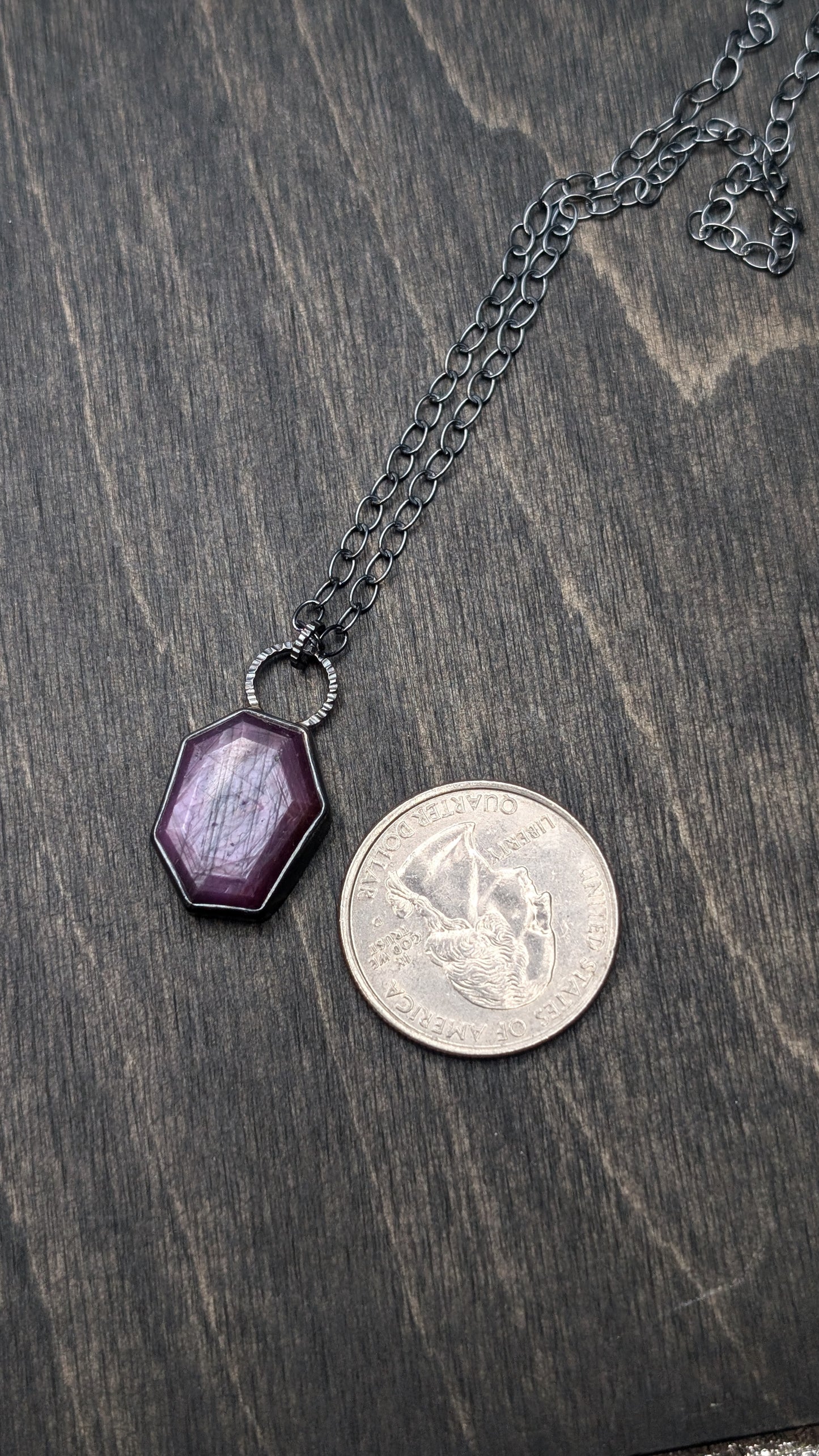 Pink Sheen Sapphire Hexagon Textured Sterling Silver Necklace