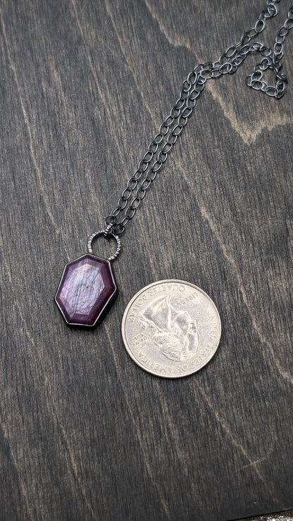 Pink Sheen Sapphire Hexagon Textured Sterling Silver Necklace