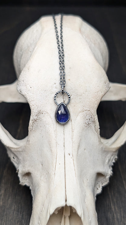Thailand Blue Sapphire Teardrop Textured Sterling Silver Necklace