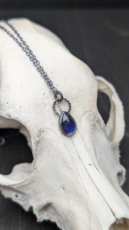 Thailand Blue Sapphire Teardrop Textured Sterling Silver Necklace