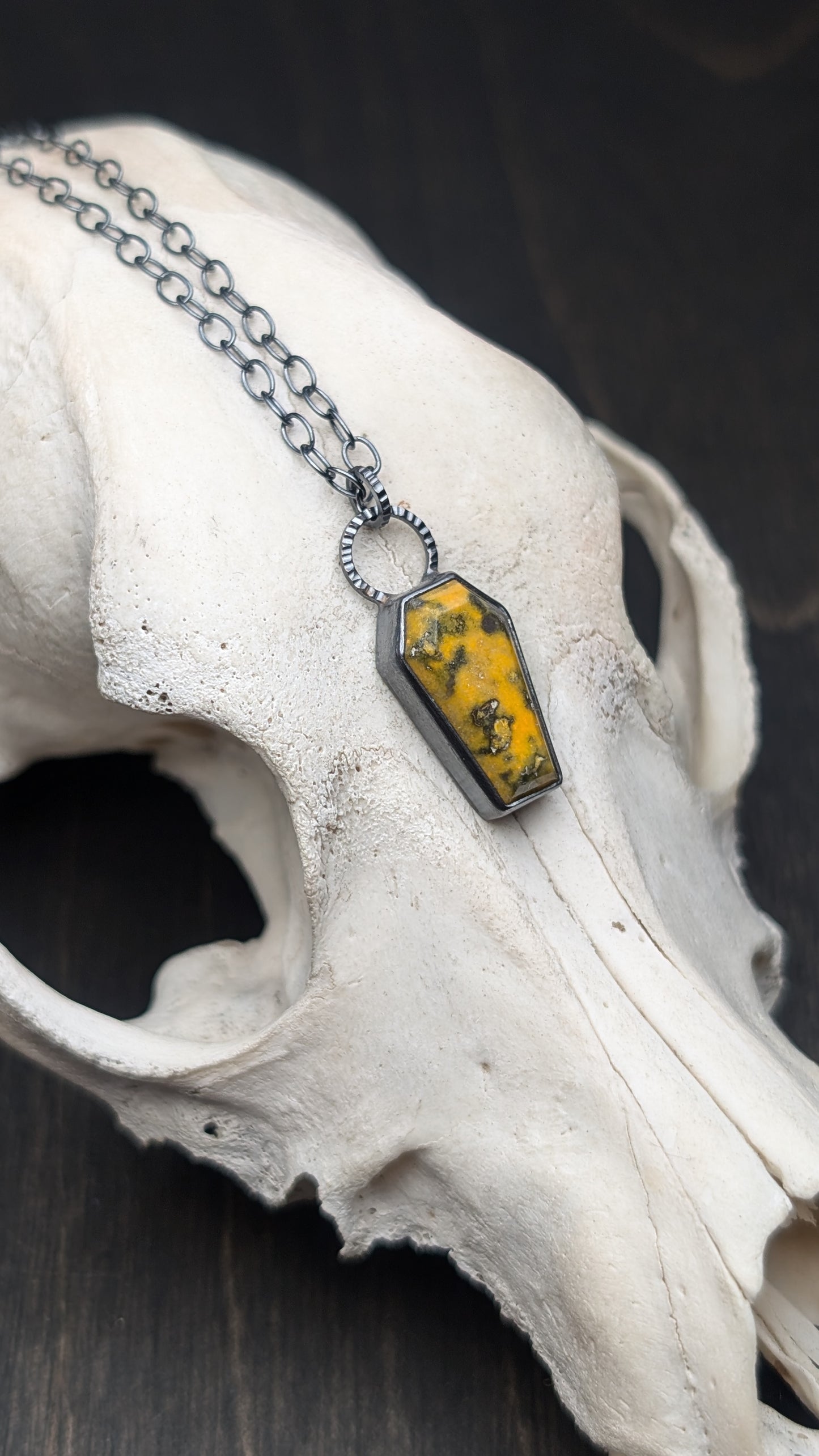 Bumble Bee Jasper Coffin Textured Sterling Silver Necklace