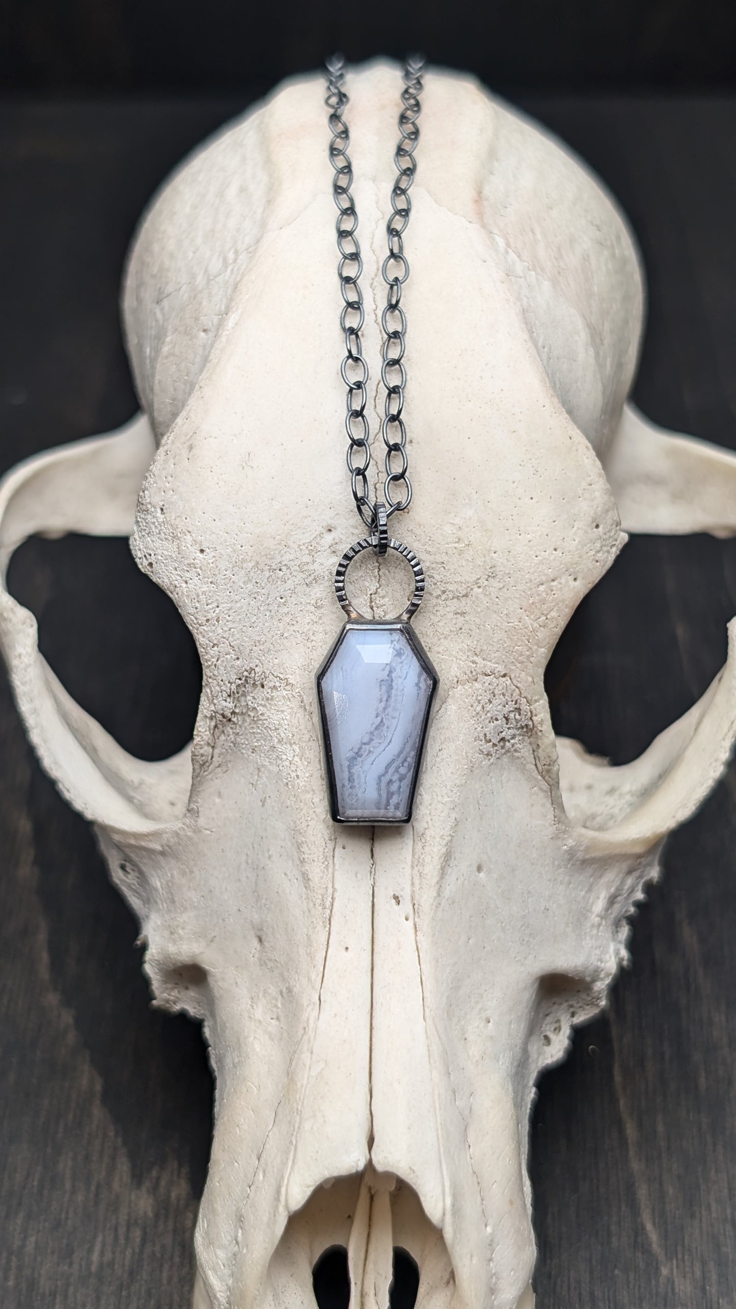 Blue Lace Agate Coffin Textured Sterling Silver Necklace