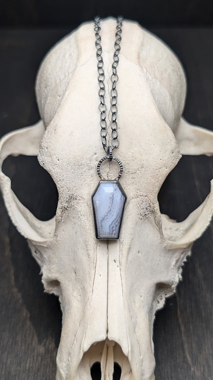 Blue Lace Agate Coffin Textured Sterling Silver Necklace