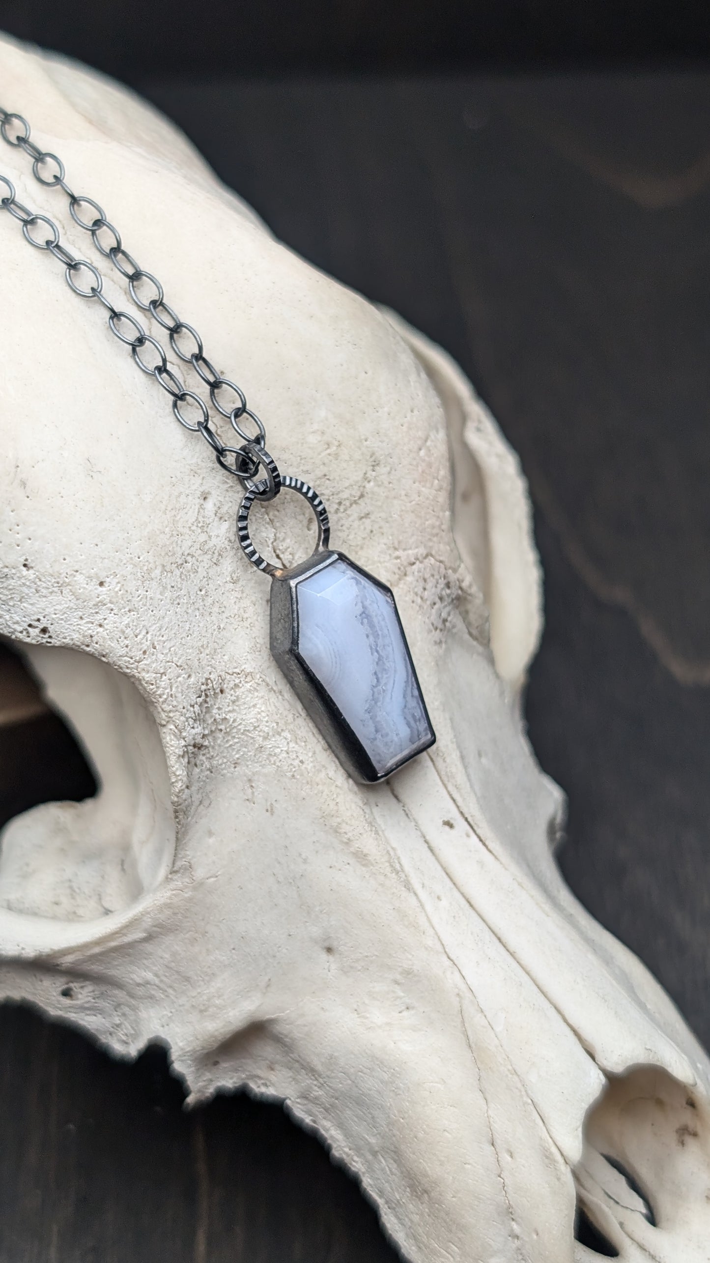 Blue Lace Agate Coffin Textured Sterling Silver Necklace