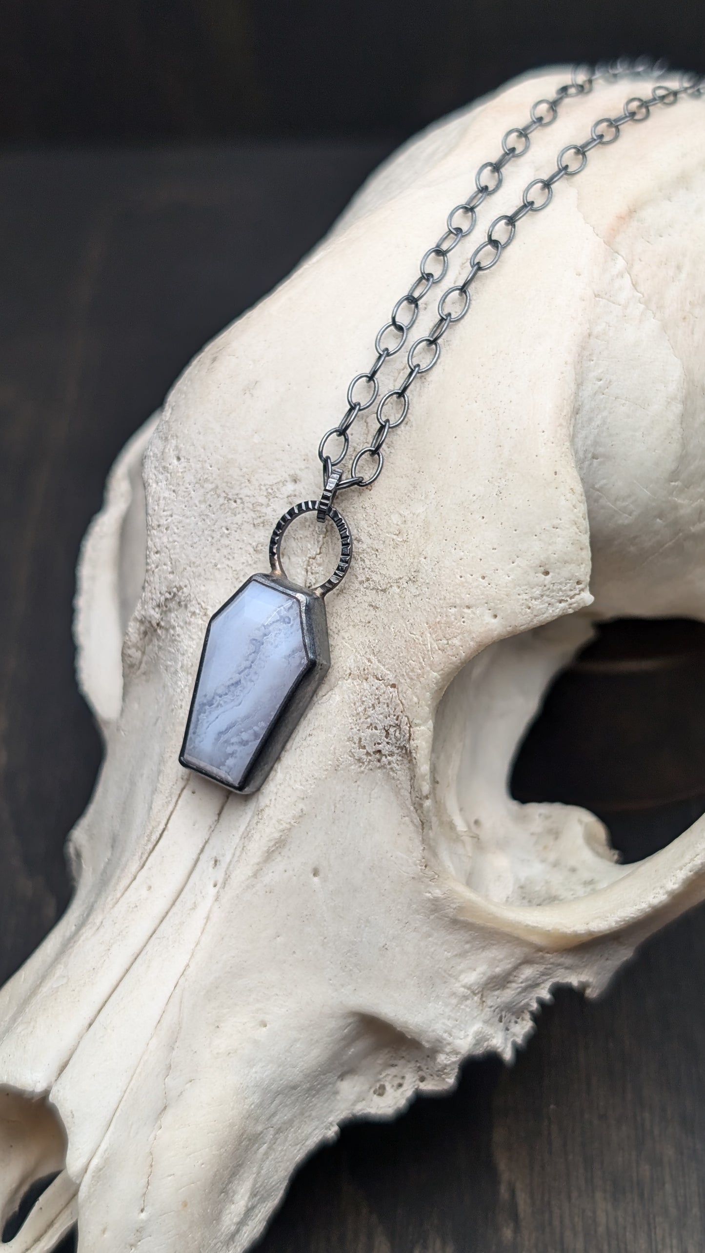 Blue Lace Agate Coffin Textured Sterling Silver Necklace