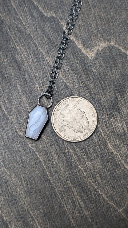 Blue Lace Agate Coffin Textured Sterling Silver Necklace