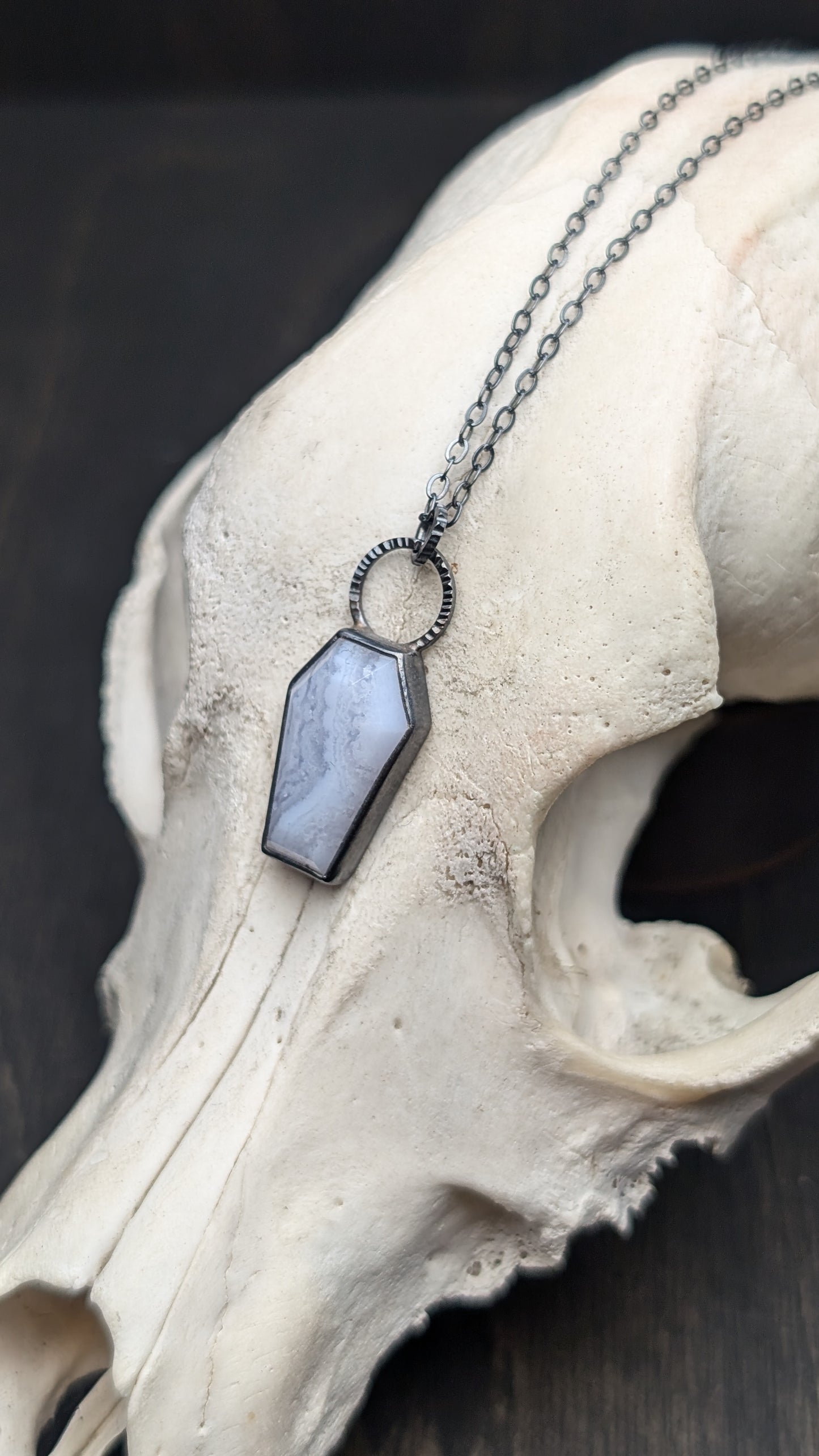 Blue Lace Agate Coffin Textured Sterling Silver Necklace