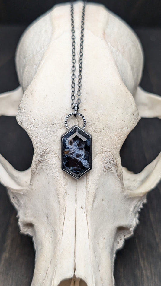 Pietersite Step Cut Tablet Textured Sterling Silver Necklace