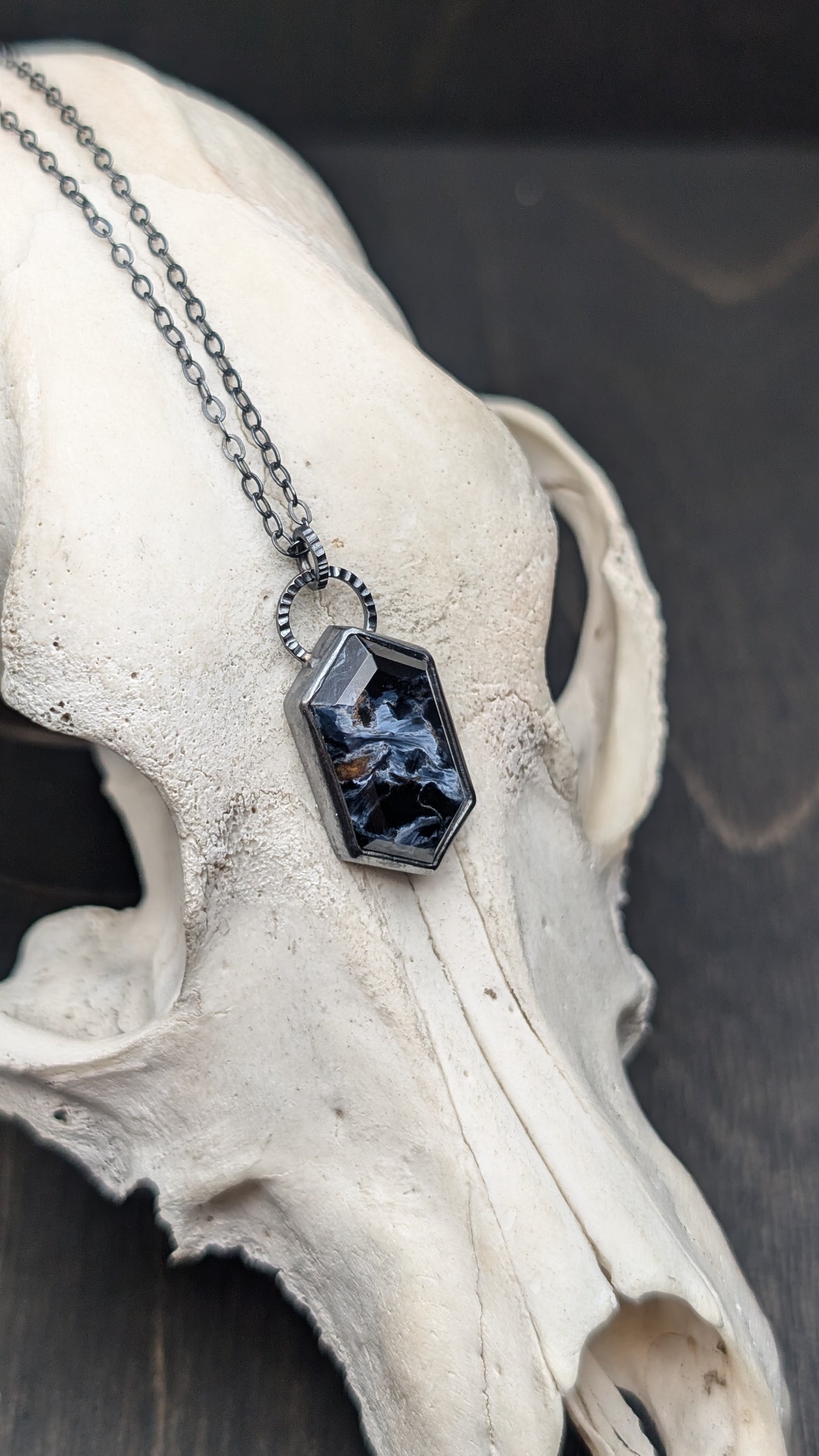 Pietersite Step Cut Tablet Textured Sterling Silver Necklace