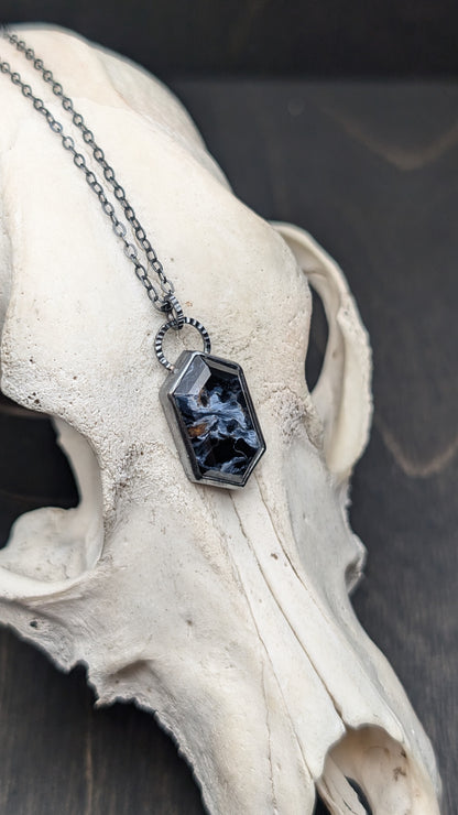 Pietersite Step Cut Tablet Textured Sterling Silver Necklace