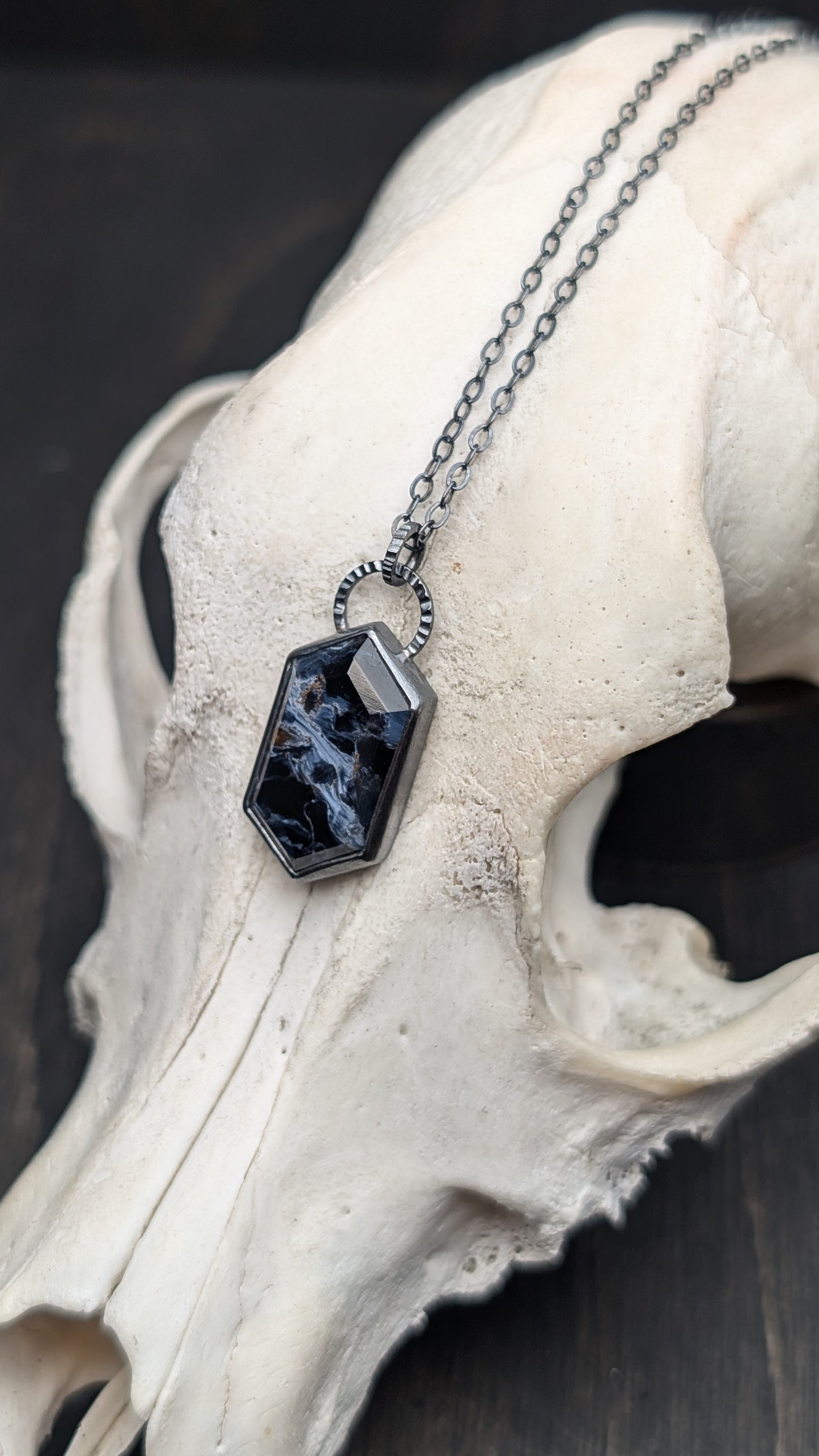 Pietersite Step Cut Tablet Textured Sterling Silver Necklace