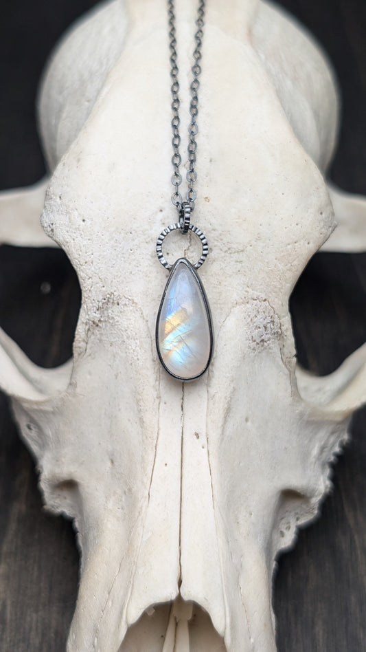 Rainbow Moonstone Teardrop Textured Sterling Silver Necklace