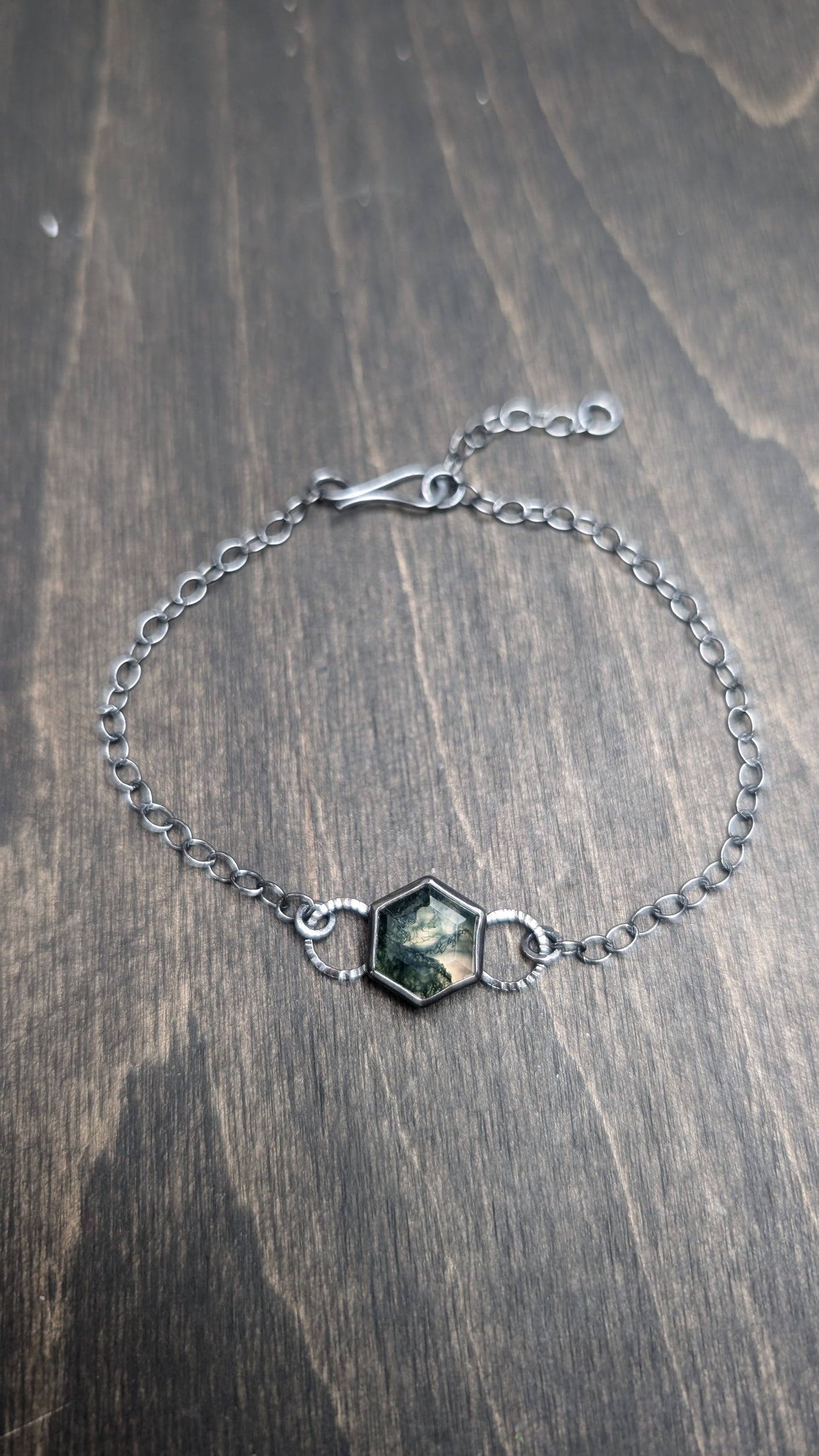 Moss Agate Hexagon Textured Sterling Silver Bracelet Large