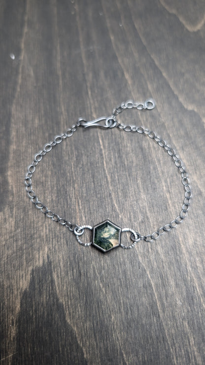 Moss Agate Hexagon Textured Sterling Silver Bracelet Large