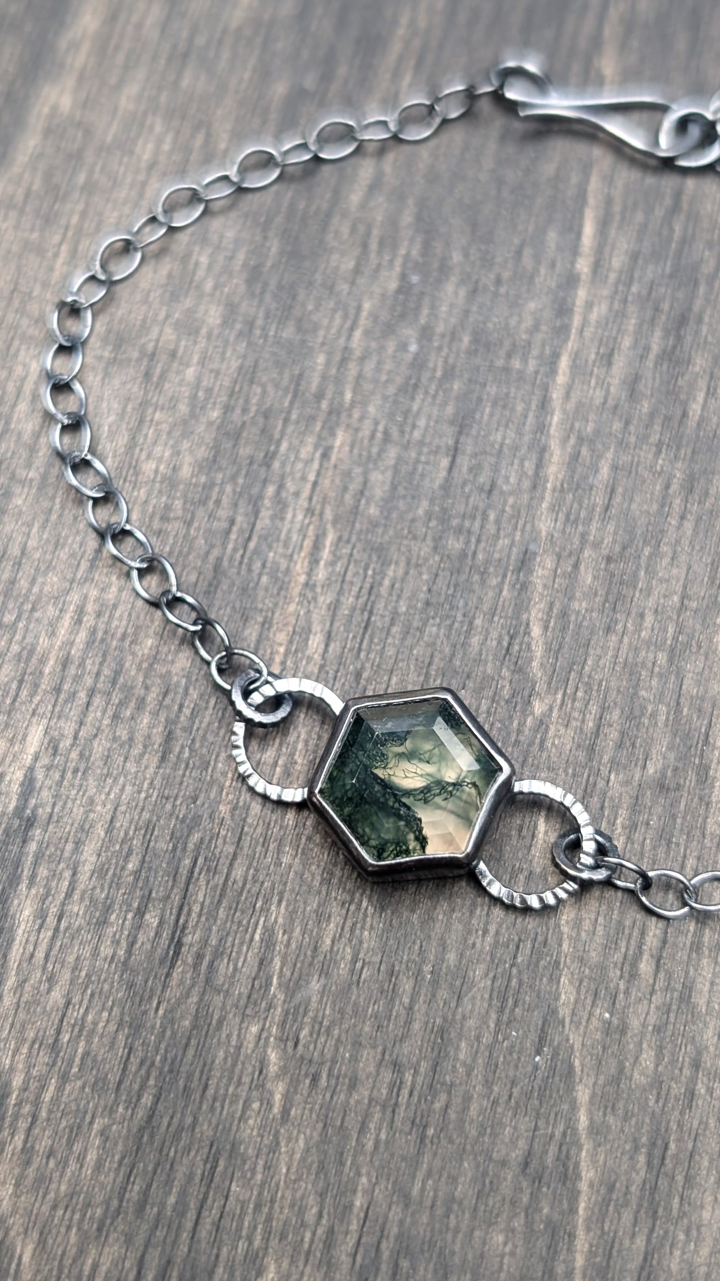 Moss Agate Hexagon Textured Sterling Silver Bracelet Large