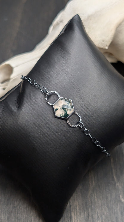 Moss Agate Hexagon Textured Sterling Silver Bracelet Medium