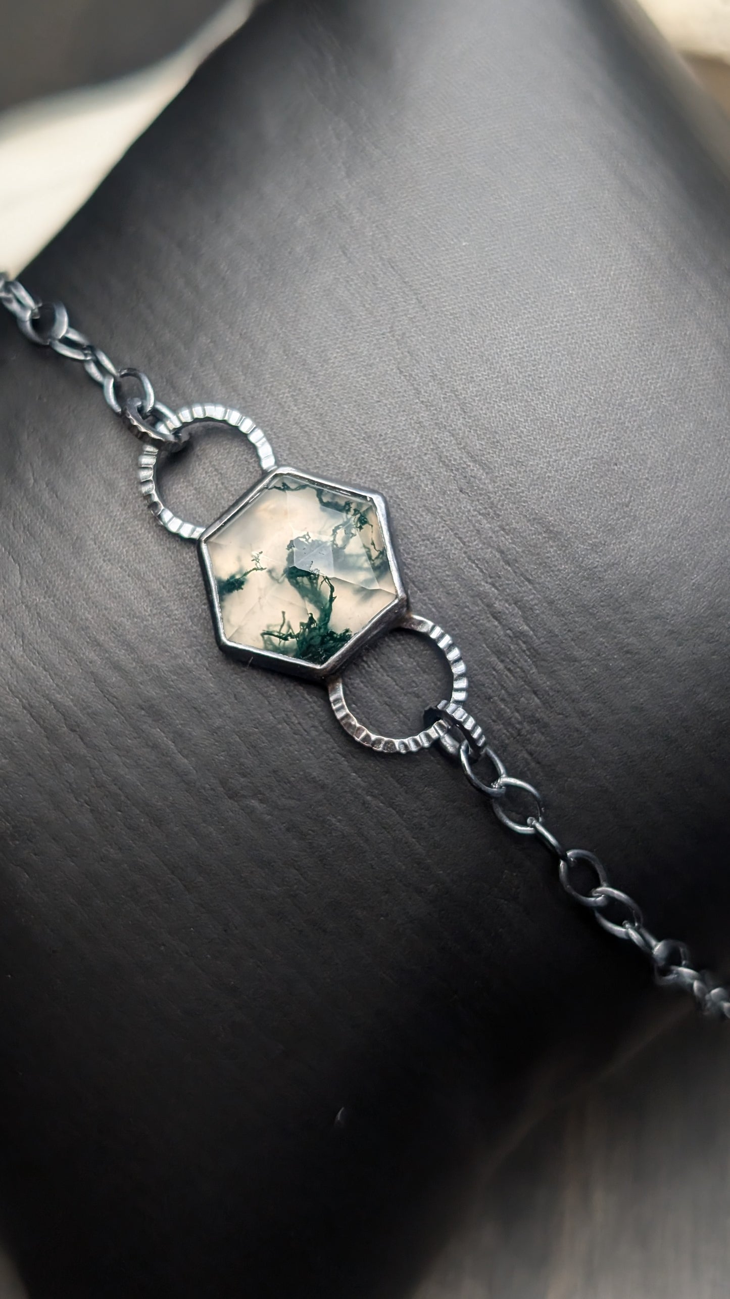 Moss Agate Hexagon Textured Sterling Silver Bracelet Medium