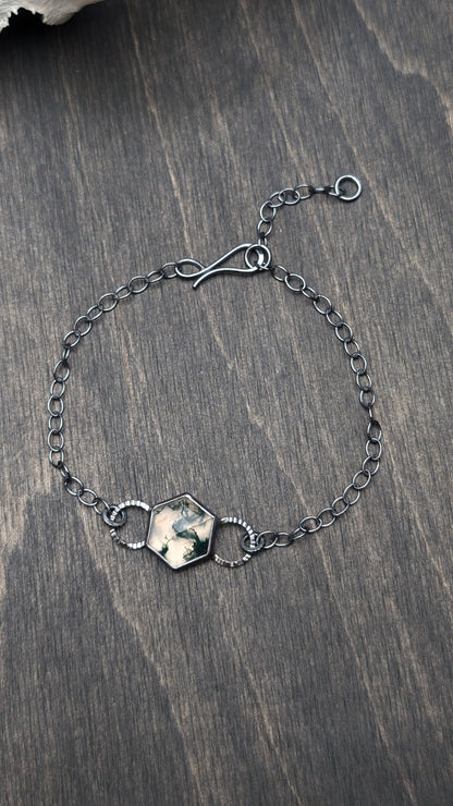 Moss Agate Hexagon Textured Sterling Silver Bracelet Medium