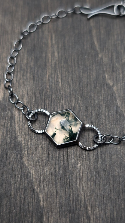 Moss Agate Hexagon Textured Sterling Silver Bracelet Medium