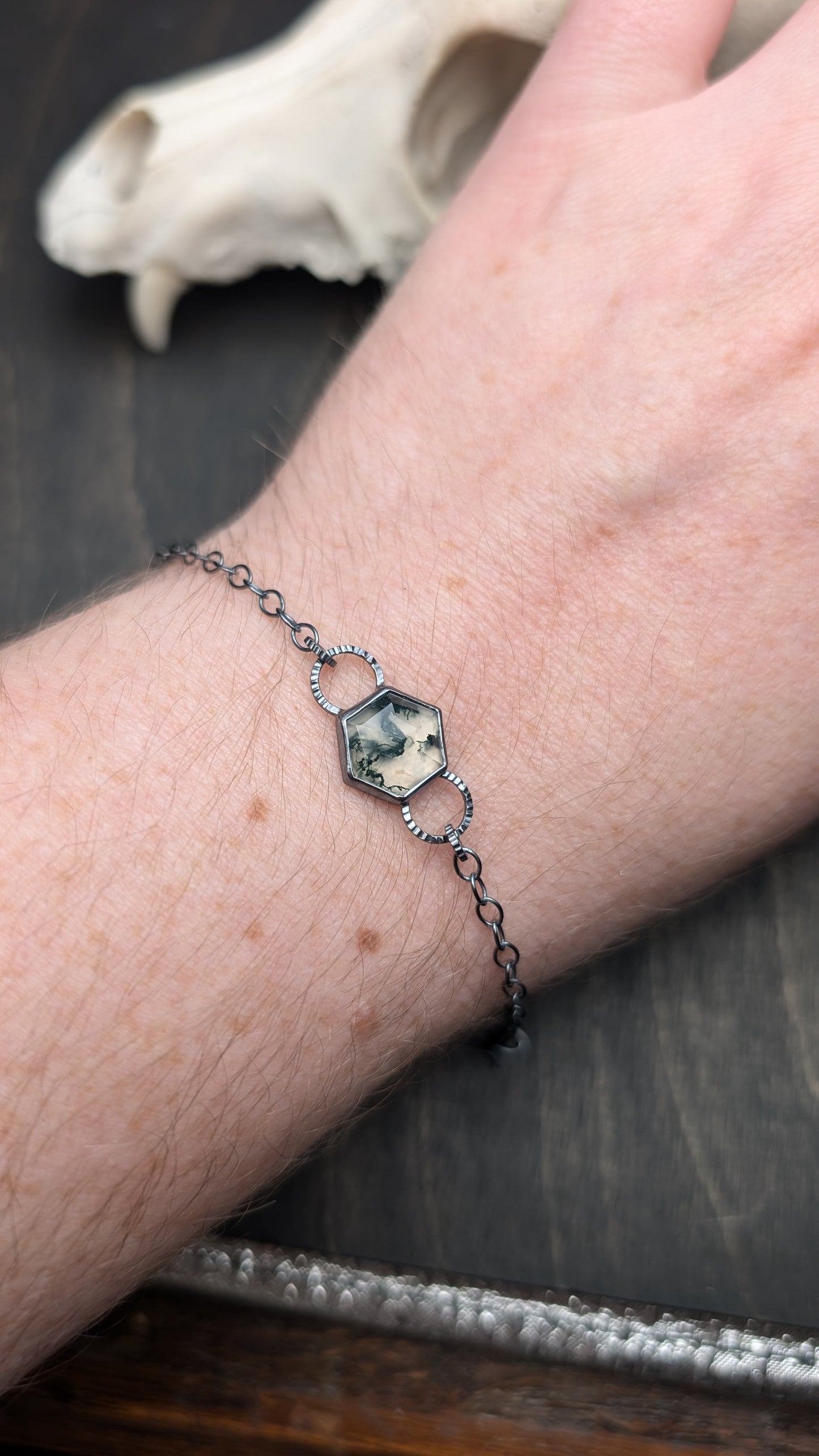 Moss Agate Hexagon Textured Sterling Silver Bracelet Medium