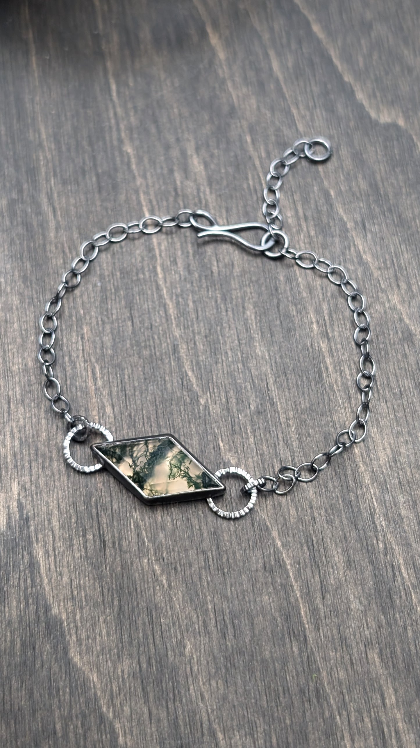 Moss Agate Diamond Textured Sterling Silver Bracelet Medium