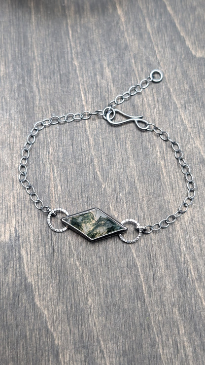 Moss Agate Diamond Textured Sterling Silver Bracelet Medium