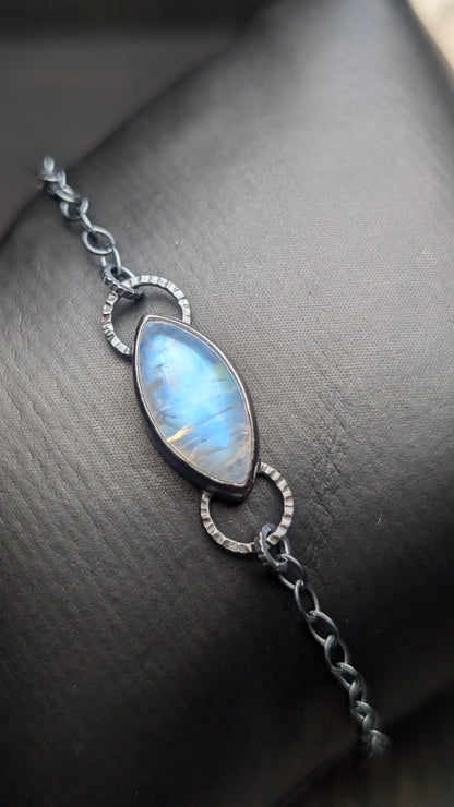 Rainbow Moonstone Textured Sterling Silver Bracelet Medium