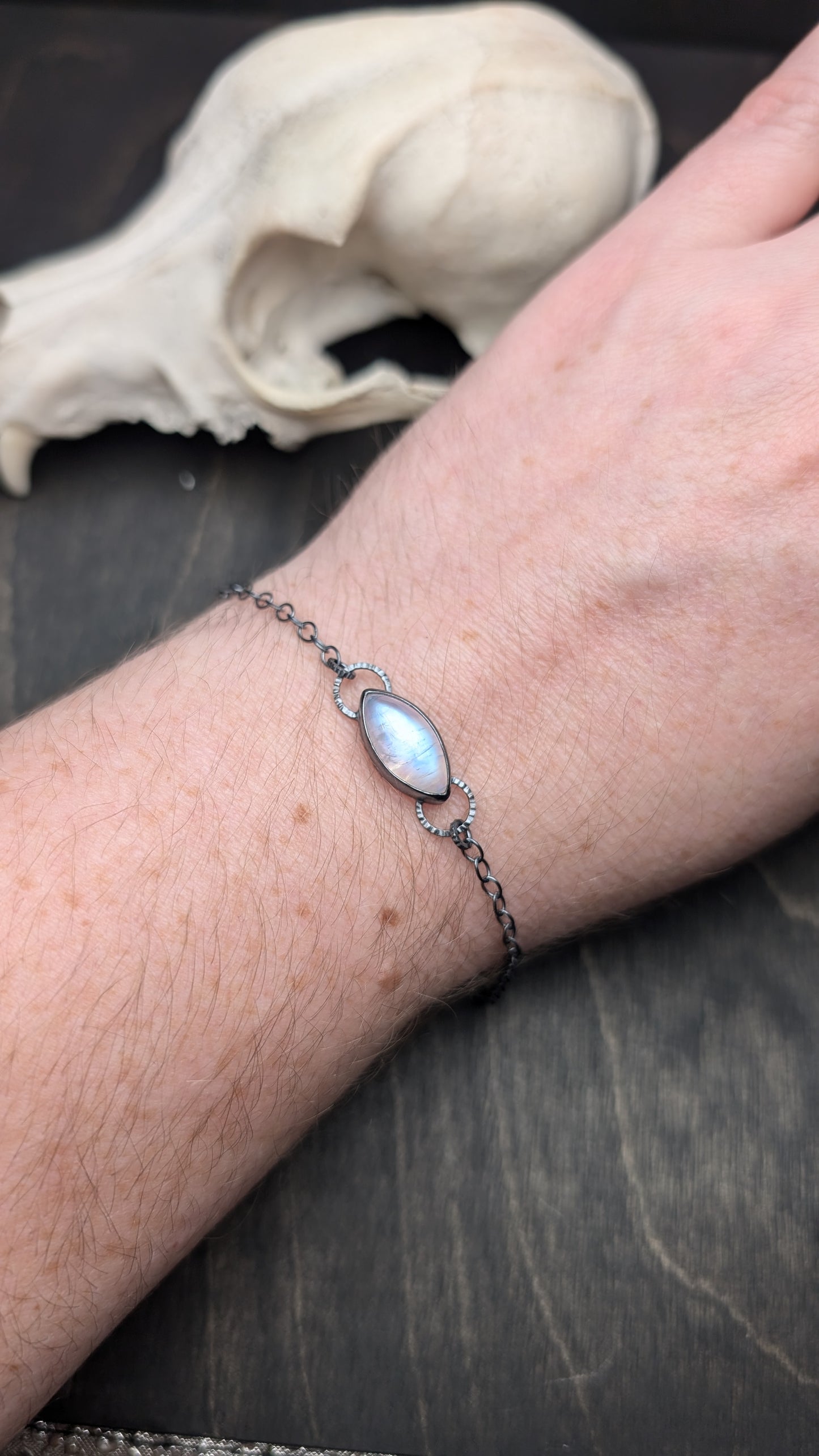 Rainbow Moonstone Textured Sterling Silver Bracelet Medium