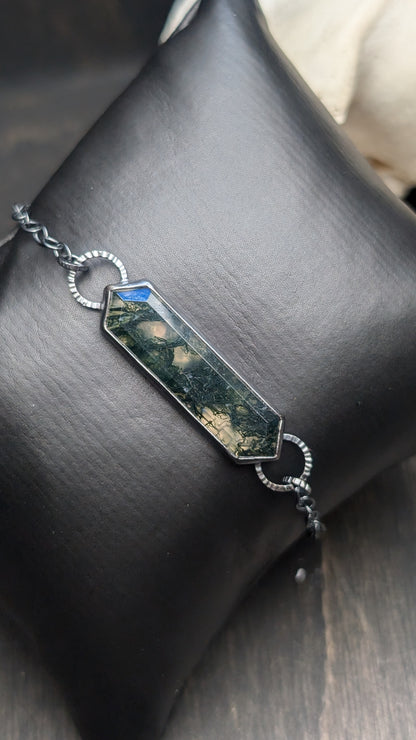 Moss Agate Textured Sterling Silver Bracelet Large