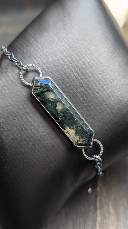 Moss Agate Textured Sterling Silver Bracelet Large