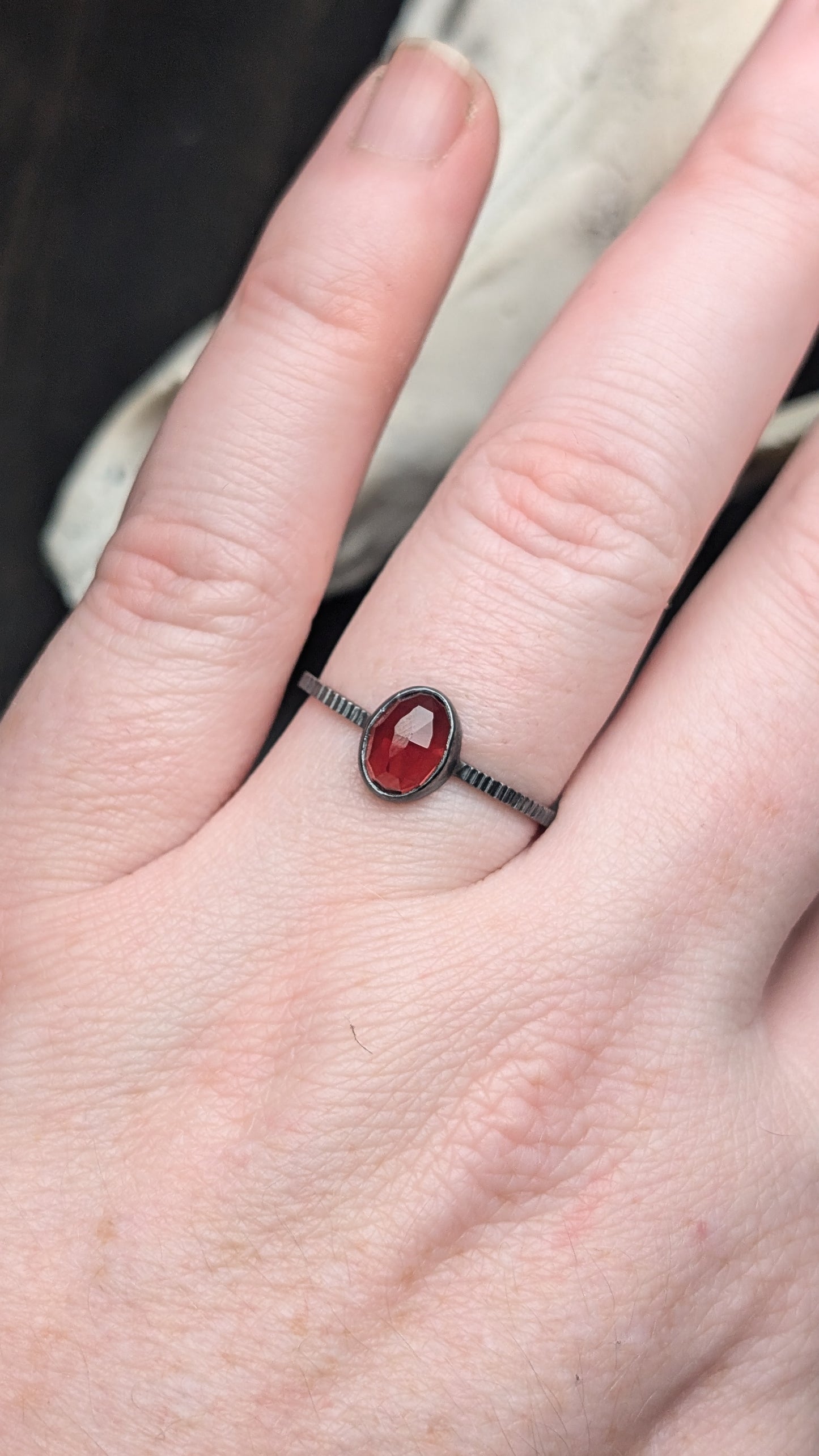 Garnet Rose Cut Oval Textured Sterling Silver