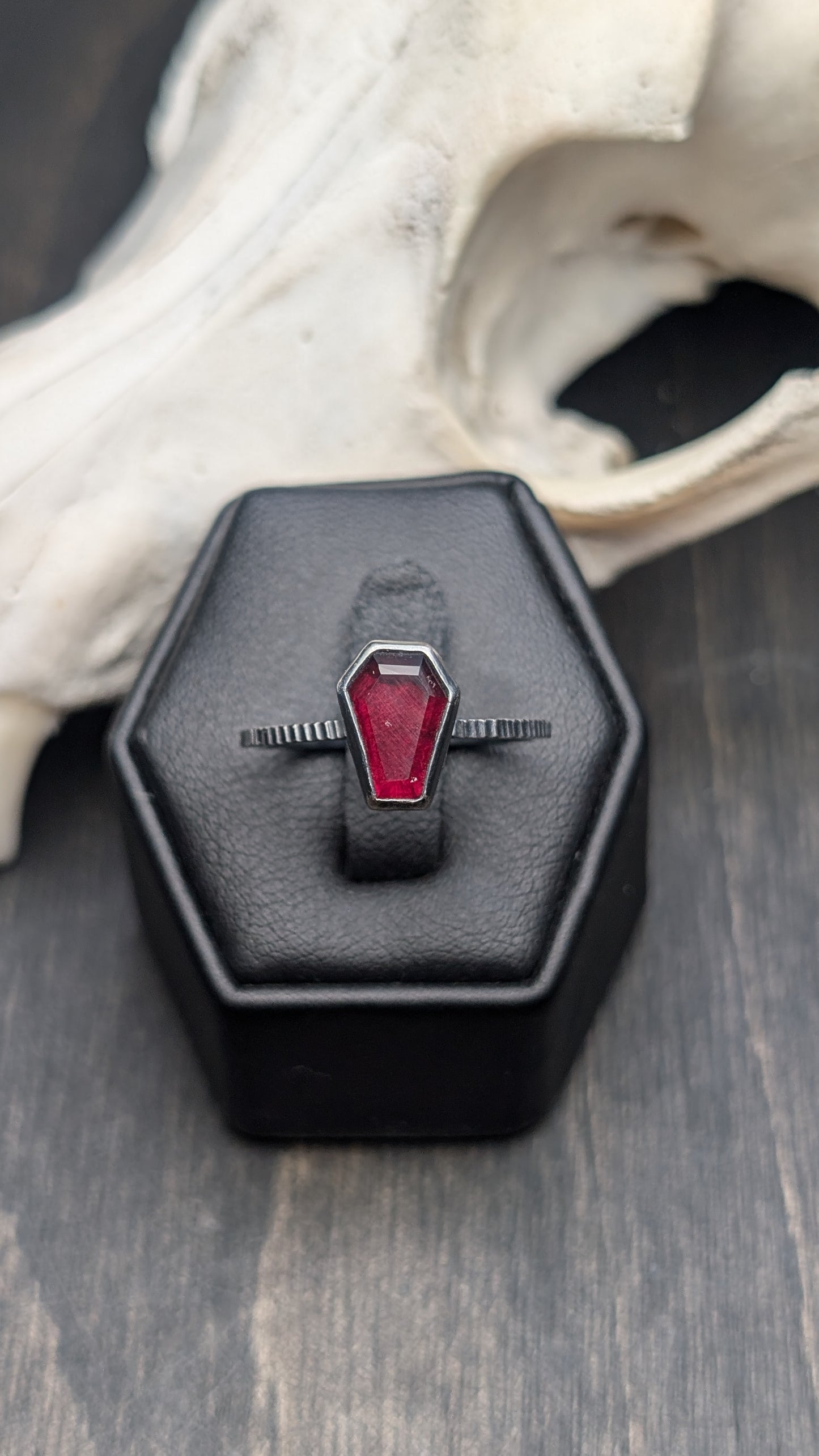 Garnet Mini Coffin Textured Sterling Silver