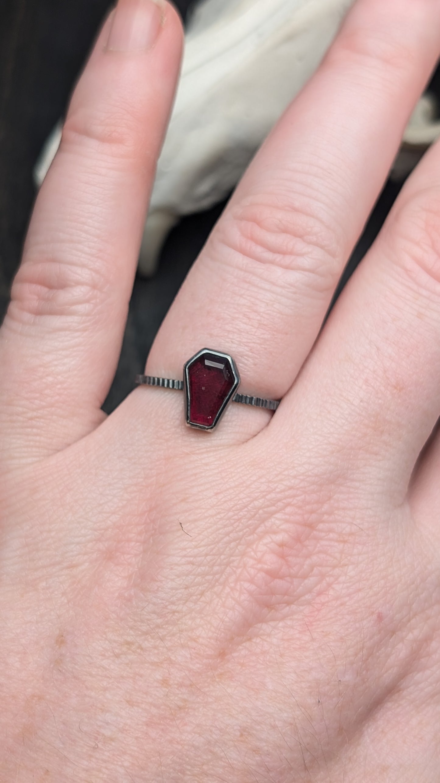 Garnet Mini Coffin Textured Sterling Silver