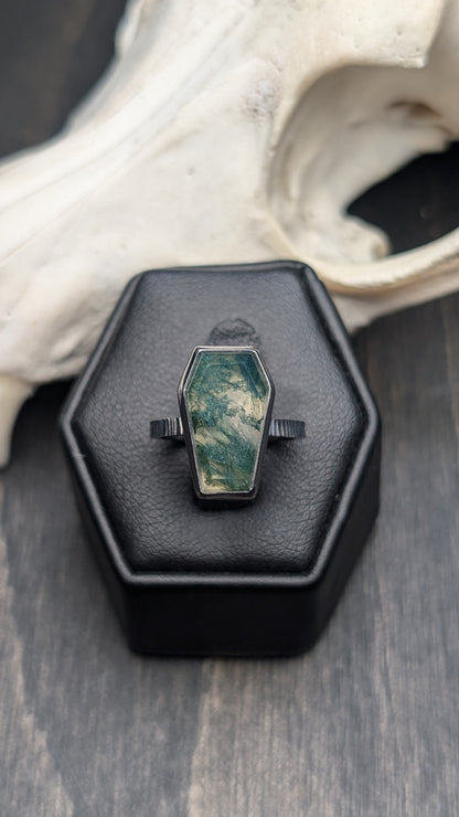 Moss Agate Coffin Textured Sterling Silver Ring Size 5